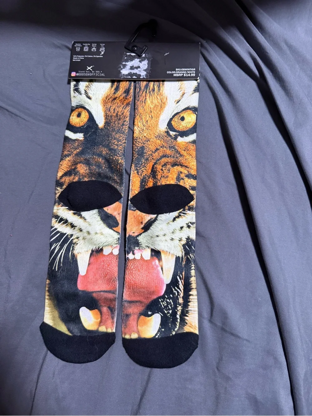 Odd Sox Men’s Tiger Face Crew Socks in Orange/Black